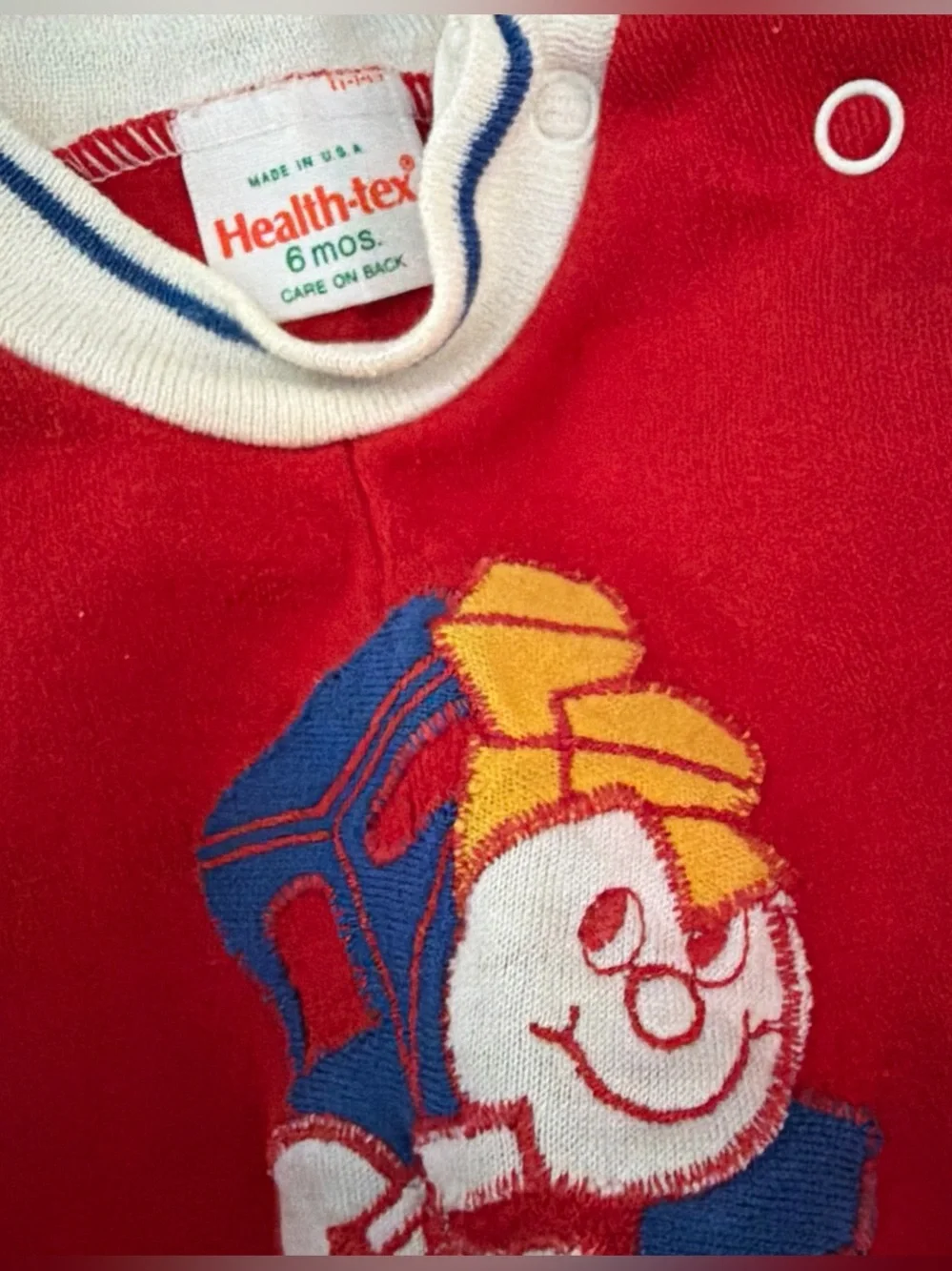 Vintage Health-tex red Baby One-Piece with Striped Sleeves and embroidered train